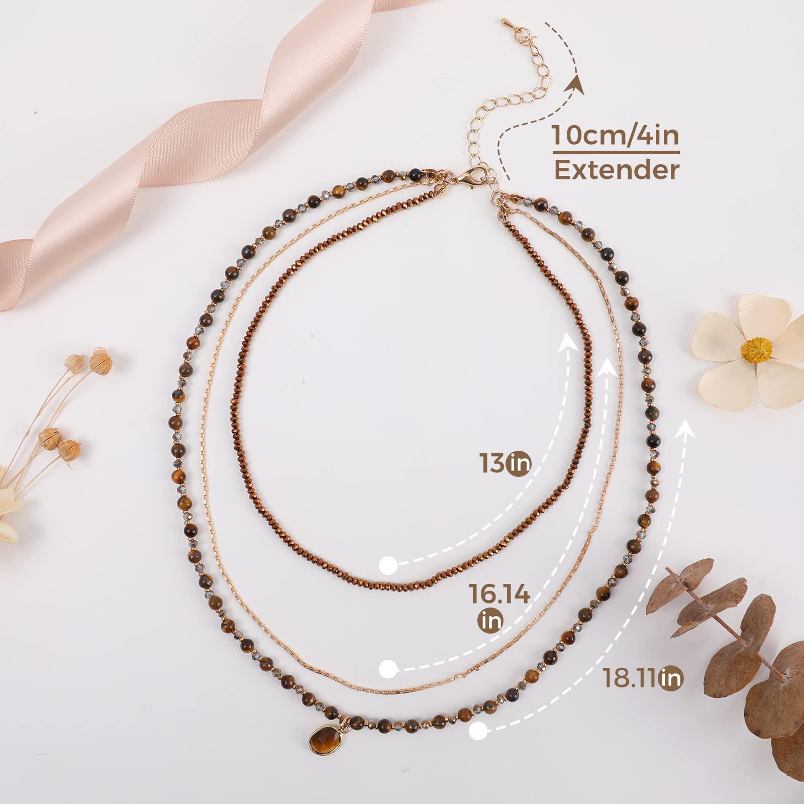 Bohemian Beaded Choker Necklaces for Women Handmade Multilayered Hippie Necklaces Boho Natural Stone Tiger Eye Beads Strand Vintage Opal Stone Pendant Statement Necklace Jewelry Gift for Women, Brown