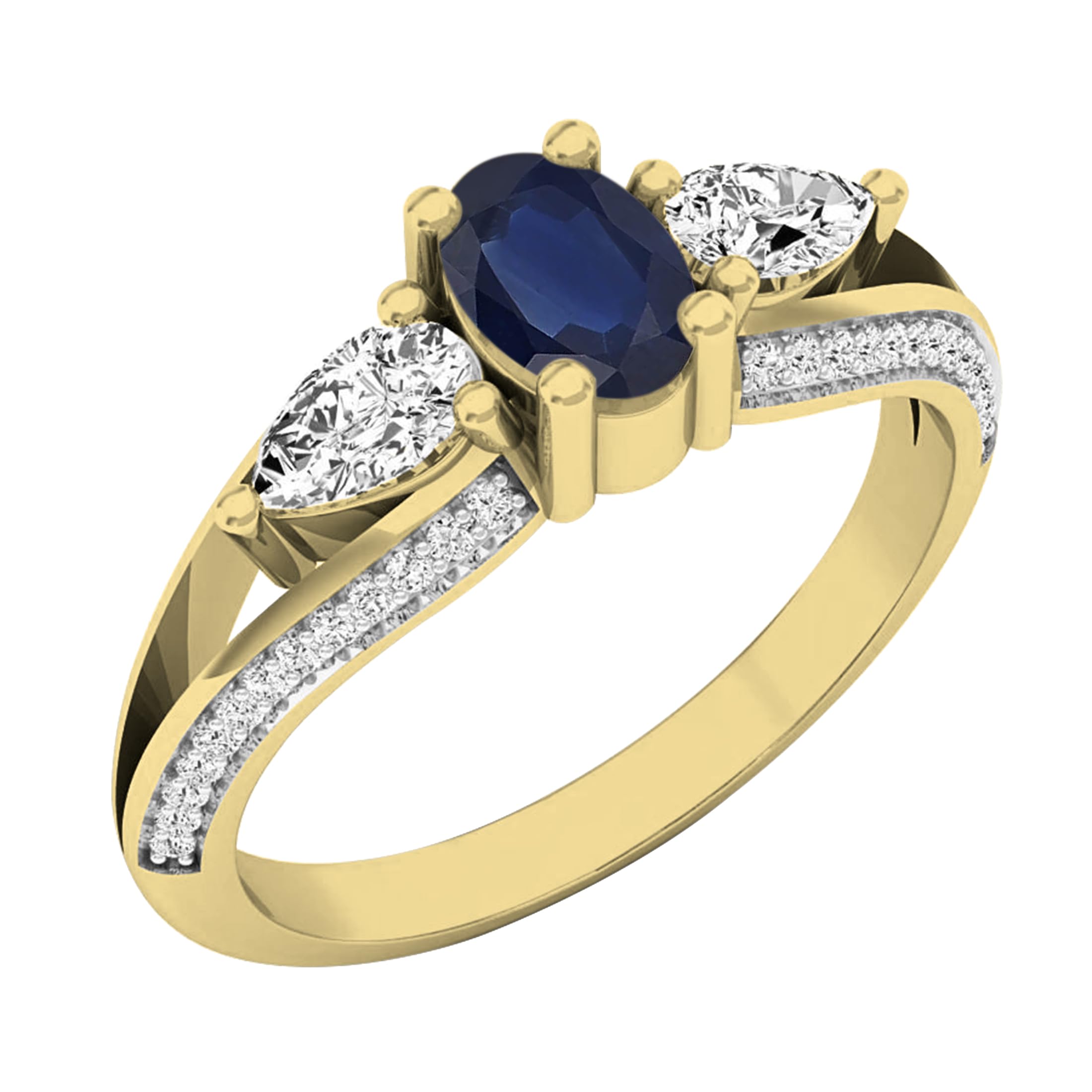 Dazzlingrock Collection 18K 6X4 MM Blue Sapphire, Pear White Sapphire & Round Diamond 3 Stone Ring, Yellow Gold, Size 9.5