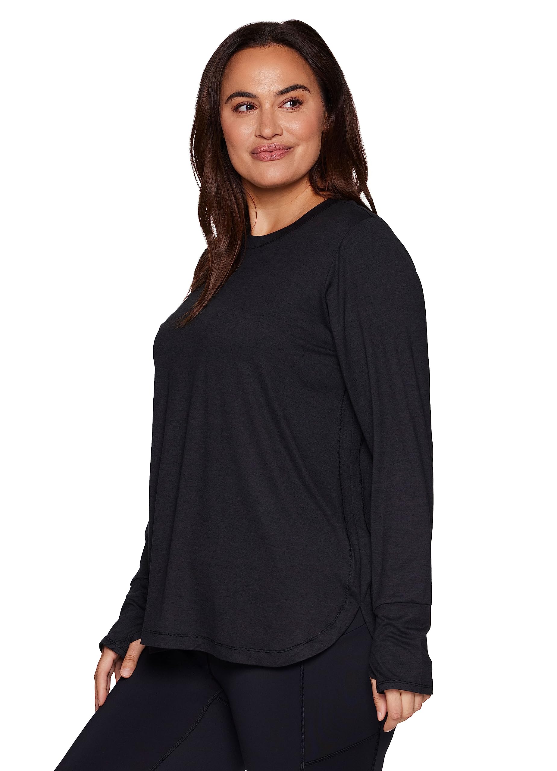 RBX Active Women's Plus Size Workout Top with Thumbholes, Buttery Soft Lightweight Long Sleeve T-Shirt Tunic Relaxed Fit Yoga Top F22 Black-Grey Heather 2X