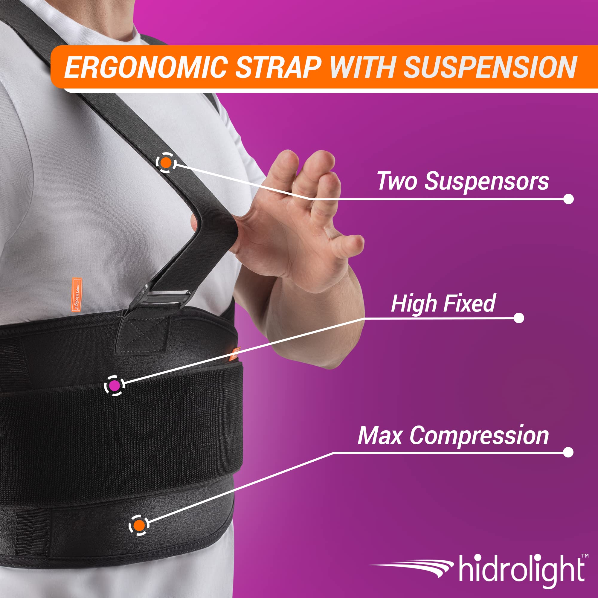 HIDROLIGHT – Back Brace with Suspension - Lower Back Pain Relief Products, Lower Lumbar Support for Heavy Lifting, Back Posture Corrector for Women and Men, Gait Belt - Black, Large