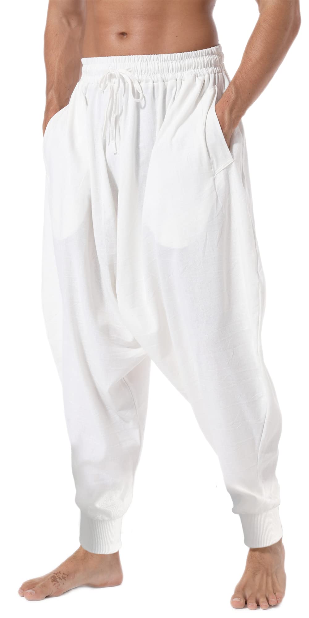 AITFINEISM Men's Drawstring Aladdin Hippie Harem Pants Loose Drop Crotch Trousers (X-Large, White)