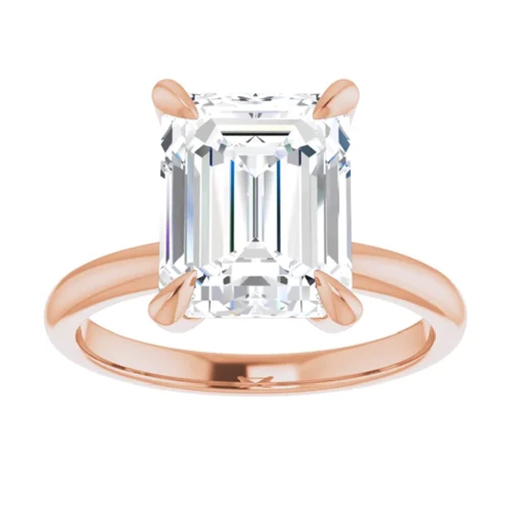 10K Solid Rose Gold Handmade Engagement Rings, 4 CT Emerald Cut Moissanite Diamond Solitaire Wedding/Bridal Rings for Women/Her, Minimalist Anniversary Ring Gifts (4.5)