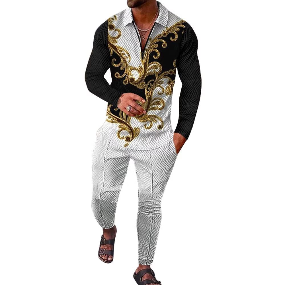 BURWOF Size XL White Black Color Block with Gold Paisley Men's Polo Sweatsuit Set Long Sleeve 2 Piece Outfit Fashion Jogging Track Suit Comfy Casual Set for Men