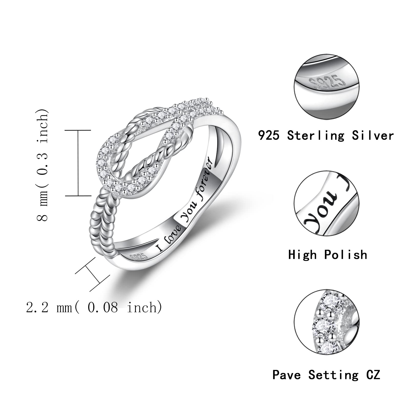 Mother Daughter Knot Ring for Women - Sterling Silver Square Knot Ring Engraved "I Love You Forever" Mothers'Day Birthday Christmas Jewelry Gift for Mother Daughter