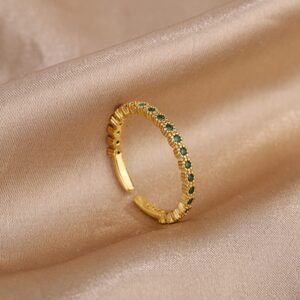 Simulated Emerald Rhinestone Open Adjustable Ring Cubic Zirconia Crystal Stacking Enternity Anniversary Wedding Statement Finger Bands Fashion Rings Jewelry for Women Girls Girlfriend Bridesmaid (Gold)