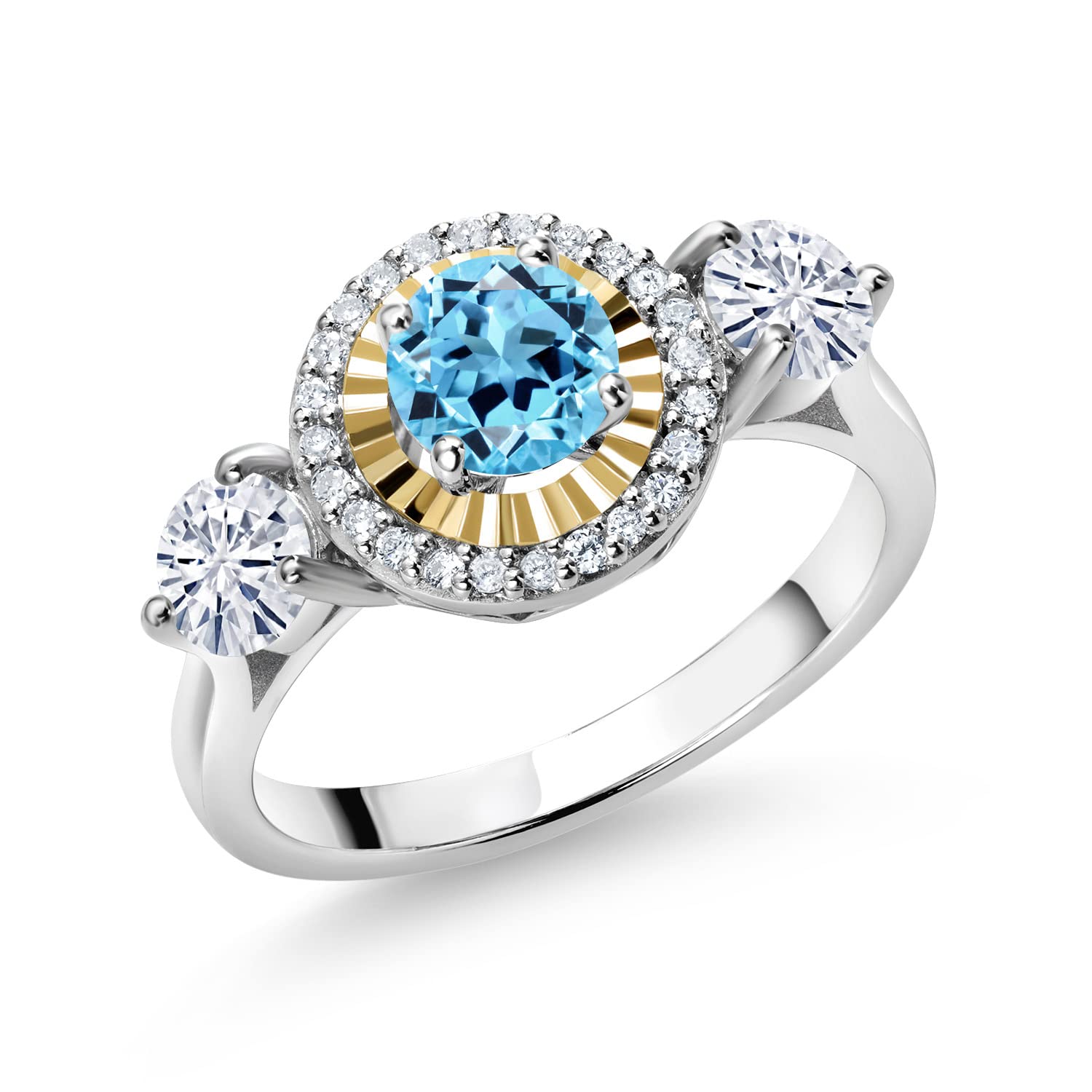 Gem Stone King 925 Silver and 10K Yellow Gold 3-Stone Lab Grown Diamond 3 Stone Women Engagement Ring Round Swiss Blue Topaz and Moissanite (1.23 Cttw) (Size 8)