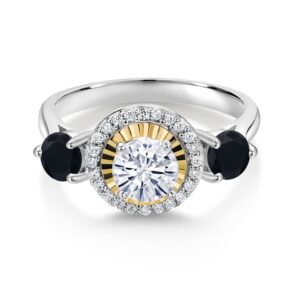 Gem Stone King 925 Silver and 10K Yellow Gold Black Onyx Moissanite and Lab Grown Diamond 3 Stone Women Engagement Ring (1.06 Cttw, Gemstone Birthstone, Available In Size 5, 6, 7, 8, 9)