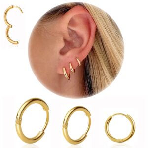 Small Gold Huggie Hoop Earrings,Cartilage Hoops Earrings,Helix Hoops,Tragus Hoop Earrings,6mm/8mm/10mm 14K Gold-Plated Surgical Stainless Steel Hoop Earrings Hypoallergenic for Body Piercing (Gold-3Pairs)