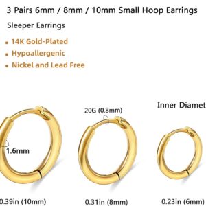 Small Gold Huggie Hoop Earrings,Cartilage Hoops Earrings,Helix Hoops,Tragus Hoop Earrings,6mm/8mm/10mm 14K Gold-Plated Surgical Stainless Steel Hoop Earrings Hypoallergenic for Body Piercing (Gold-3Pairs)