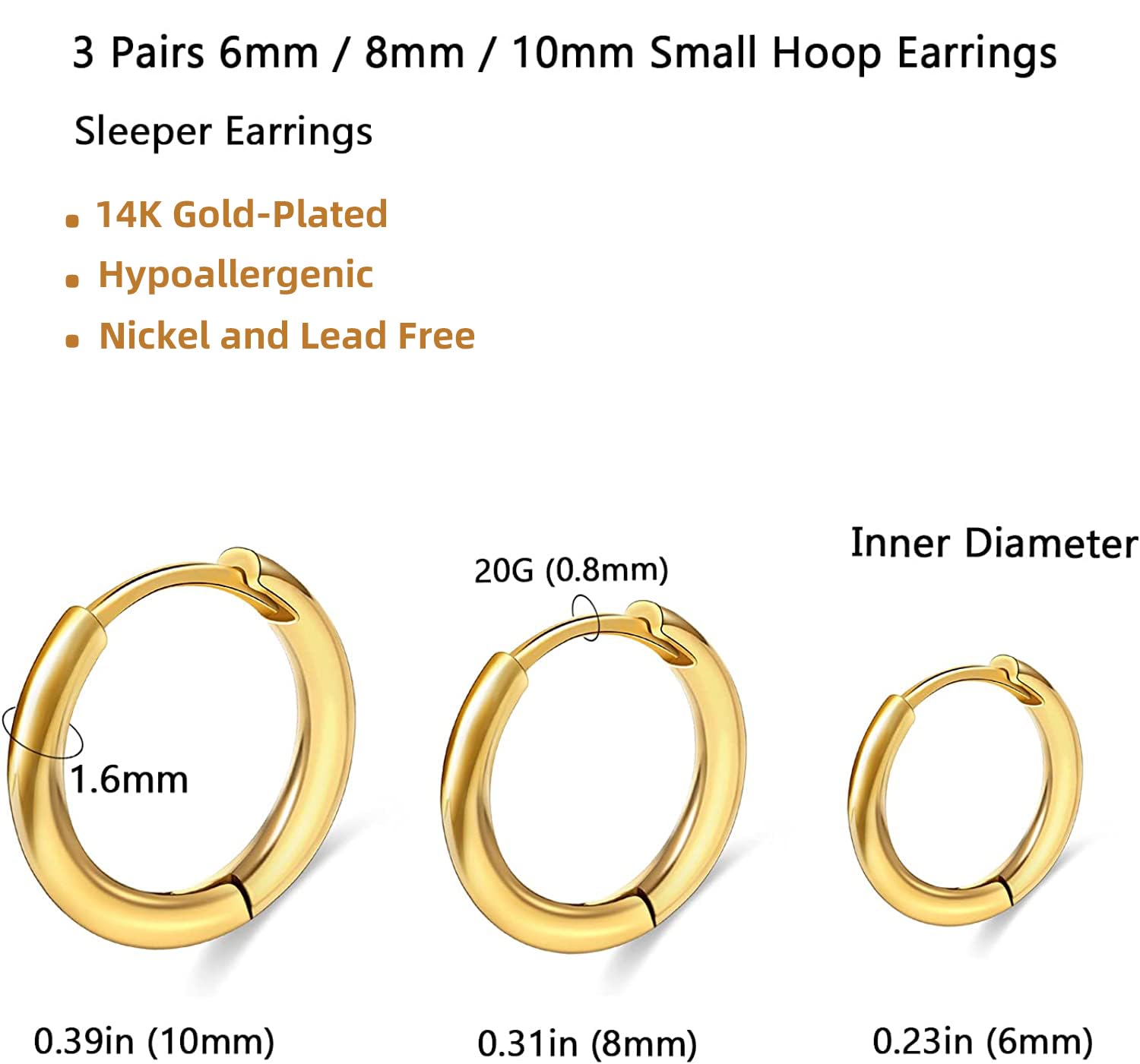 Small Gold Huggie Hoop Earrings,Cartilage Hoops Earrings,Helix Hoops,Tragus Hoop Earrings,6mm/8mm/10mm 14K Gold-Plated Surgical Stainless Steel Hoop Earrings Hypoallergenic for Body Piercing (Gold-3Pairs)