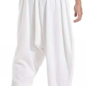 AITFINEISM Men's Drawstring Aladdin Hippie Harem Pants Loose Drop Crotch Trousers (X-Large, White)