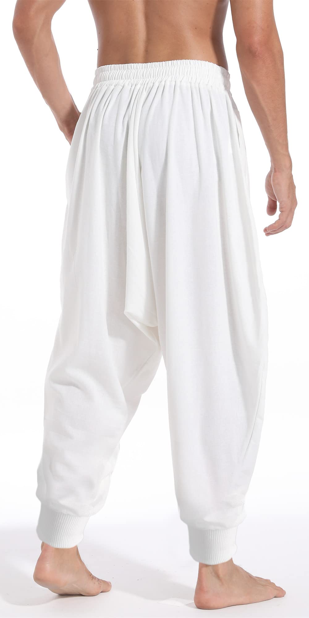 AITFINEISM Men's Drawstring Aladdin Hippie Harem Pants Loose Drop Crotch Trousers (X-Large, White)