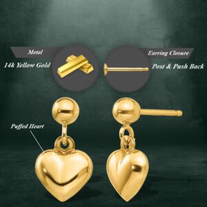 Auriga Fine Jewelry 14K Yellow Gold Puffed Heart Dangle Earrings for Women (L- 0.44 Inch, W-0.24 Inch)