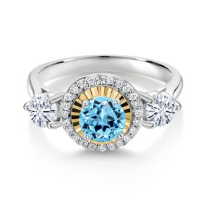 Gem Stone King 925 Silver and 10K Yellow Gold 3-Stone Lab Grown Diamond 3 Stone Women Engagement Ring Round Swiss Blue Topaz and Moissanite (1.23 Cttw) (Size 8)