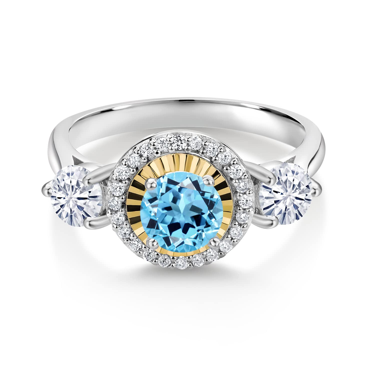 Gem Stone King 925 Silver and 10K Yellow Gold 3-Stone Lab Grown Diamond 3 Stone Women Engagement Ring Round Swiss Blue Topaz and Moissanite (1.23 Cttw) (Size 8)