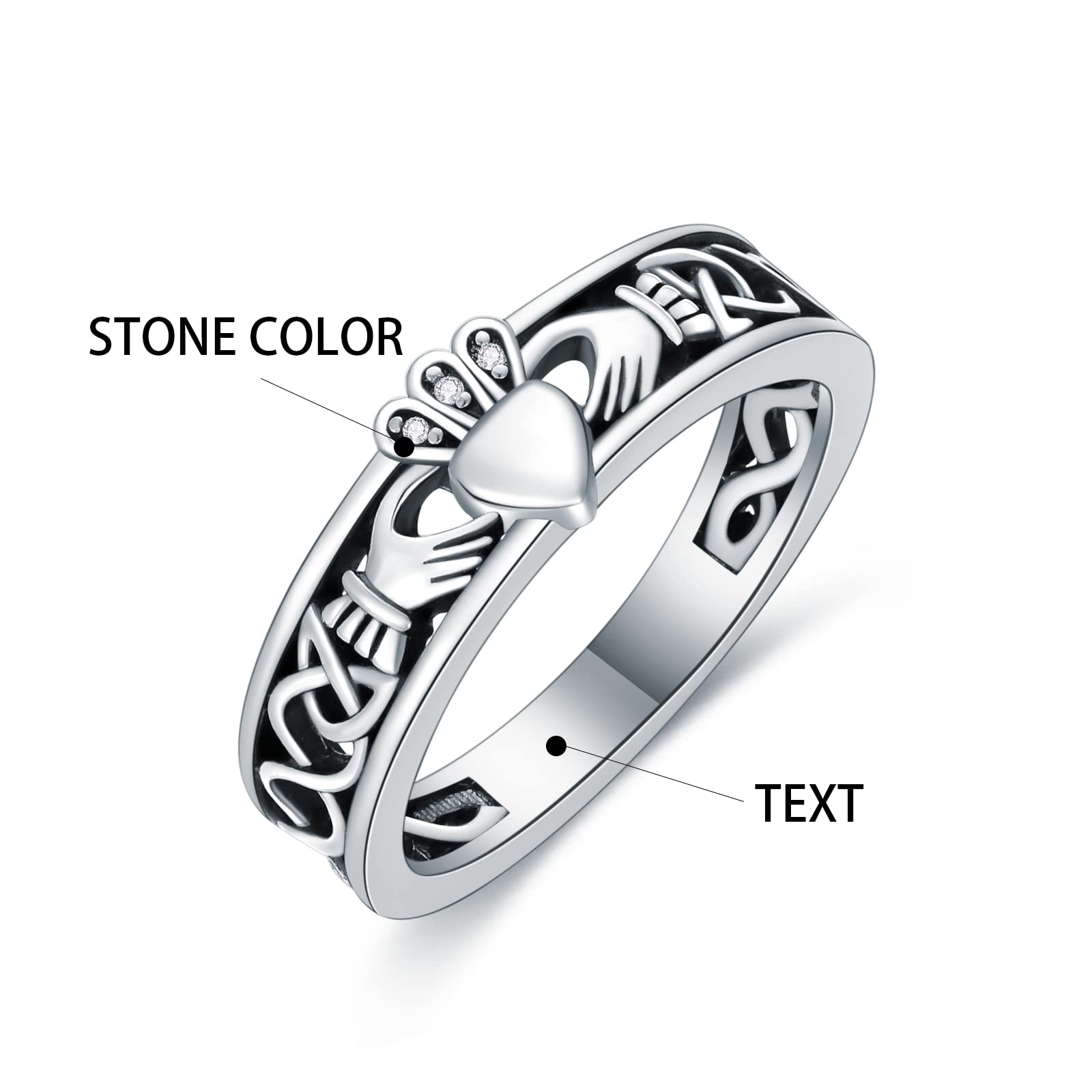 LELOUCHY Claddagh Ring Celtic Knot Irish Couples Heart Personalized Memorial Band Poison Rings 925 Sterling Silver for Women Men-C