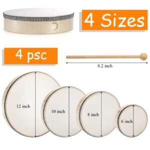 Foraineam 4 Pack Hand Drum 12 Inch 10 Inch 8 Inch 6 Inch Wood Drum Set Musical Educational Percussion Instrument Wooden Frame Drum with Drum Sticks for Home Party Supplies