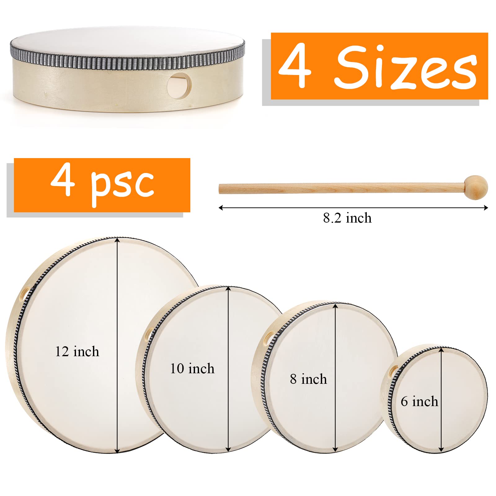 Foraineam 4 Pack Hand Drum 12 Inch 10 Inch 8 Inch 6 Inch Wood Drum Set Musical Educational Percussion Instrument Wooden Frame Drum with Drum Sticks for Home Party Supplies