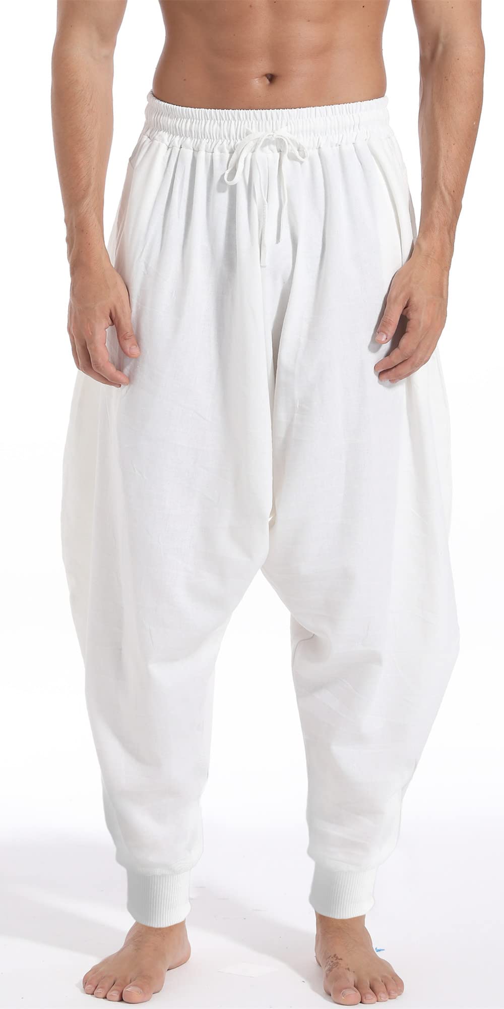 AITFINEISM Men's Drawstring Aladdin Hippie Harem Pants Loose Drop Crotch Trousers (X-Large, White)