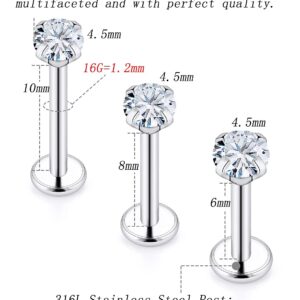 16G Lip Rings For Women Stainless Surgical Steel Labret Jewelry Monroe Lip Ring Medusa Piercing Jewelry Tragus Helix Cartilage Forward Earring Piercing Jewelry For Women 6MM 8MM 10MM Silver 4.5MM CZ