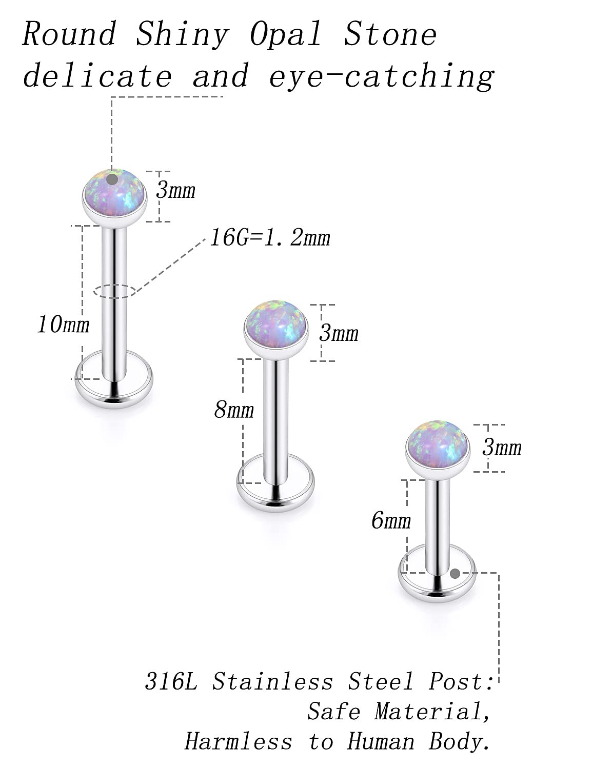 16G Lip Rings For Women Stainless Surgical Steel Labret Jewelry Monroe Lip Ring Medusa Piercing Jewelry Tragus Helix Cartilage Forward Earring Piercing Jewelry For Women Pink Opal 3MM Silver 10MM