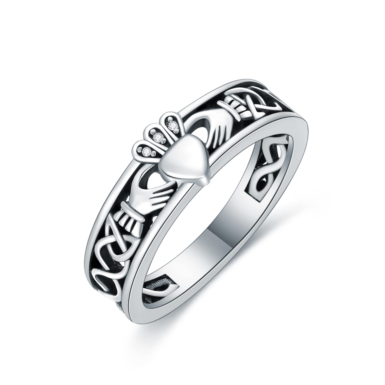 LELOUCHY Claddagh Ring Celtic Knot Irish Couples Heart Personalized Memorial Band Poison Rings 925 Sterling Silver for Women Men-C