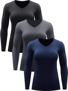 cadmus women long sleeve shirt for workout dry fit yoga tee shirts, 3 pack, black, grey, navy blue,large