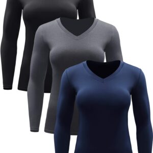 CADMUS Women Long Sleeve Shirt for Workout Dry Fit Yoga Tee Shirts, 3 Pack, Black, Grey, Navy Blue,Large