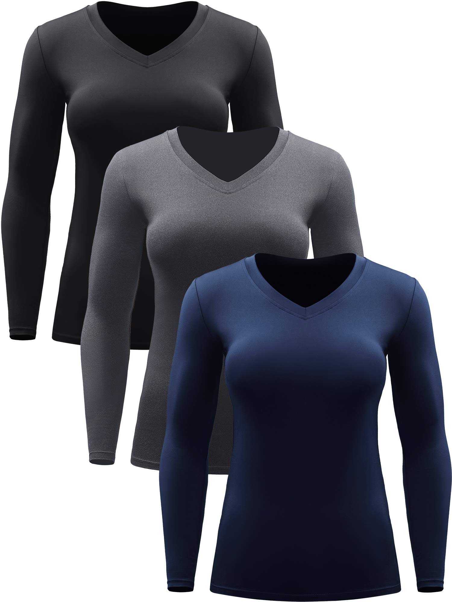 CADMUS Women Long Sleeve Shirt for Workout Dry Fit Yoga Tee Shirts, 3 Pack, Black, Grey, Navy Blue,Large