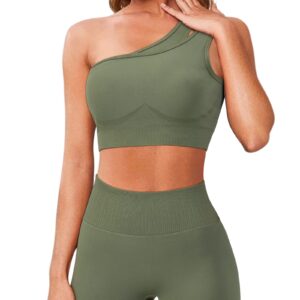 OMKAGI Workout Set for Women 2 Piece Seamless One Shoulder Sports Bra Scrunch Butt Lifting leggings Gym Outfits(M,Army Green)