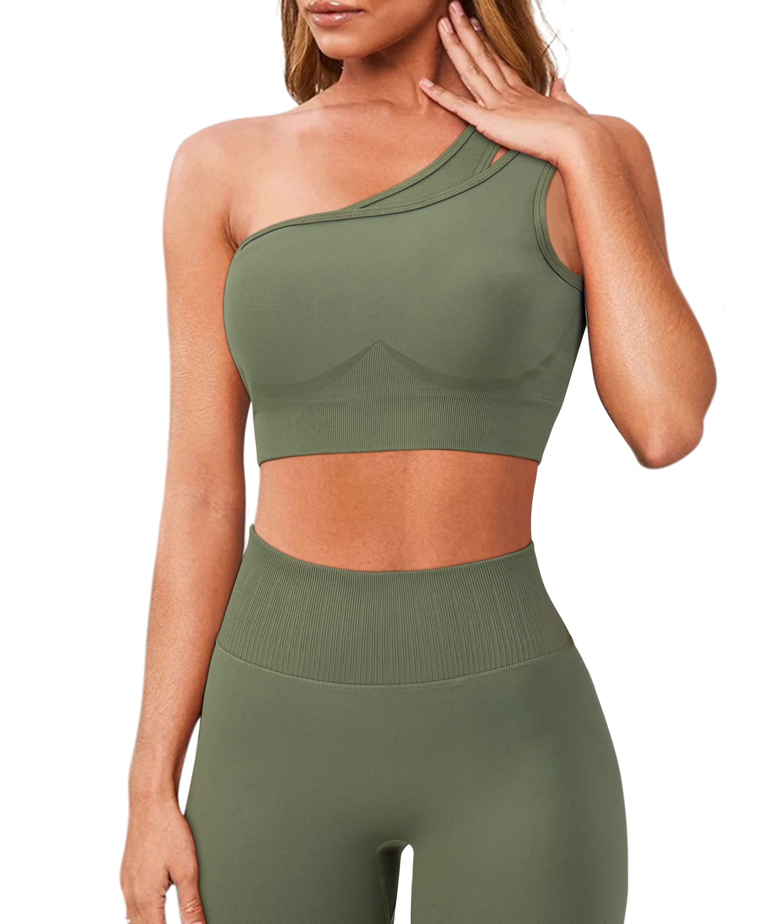 OMKAGI Workout Set for Women 2 Piece Seamless One Shoulder Sports Bra Scrunch Butt Lifting leggings Gym Outfits(M,Army Green)