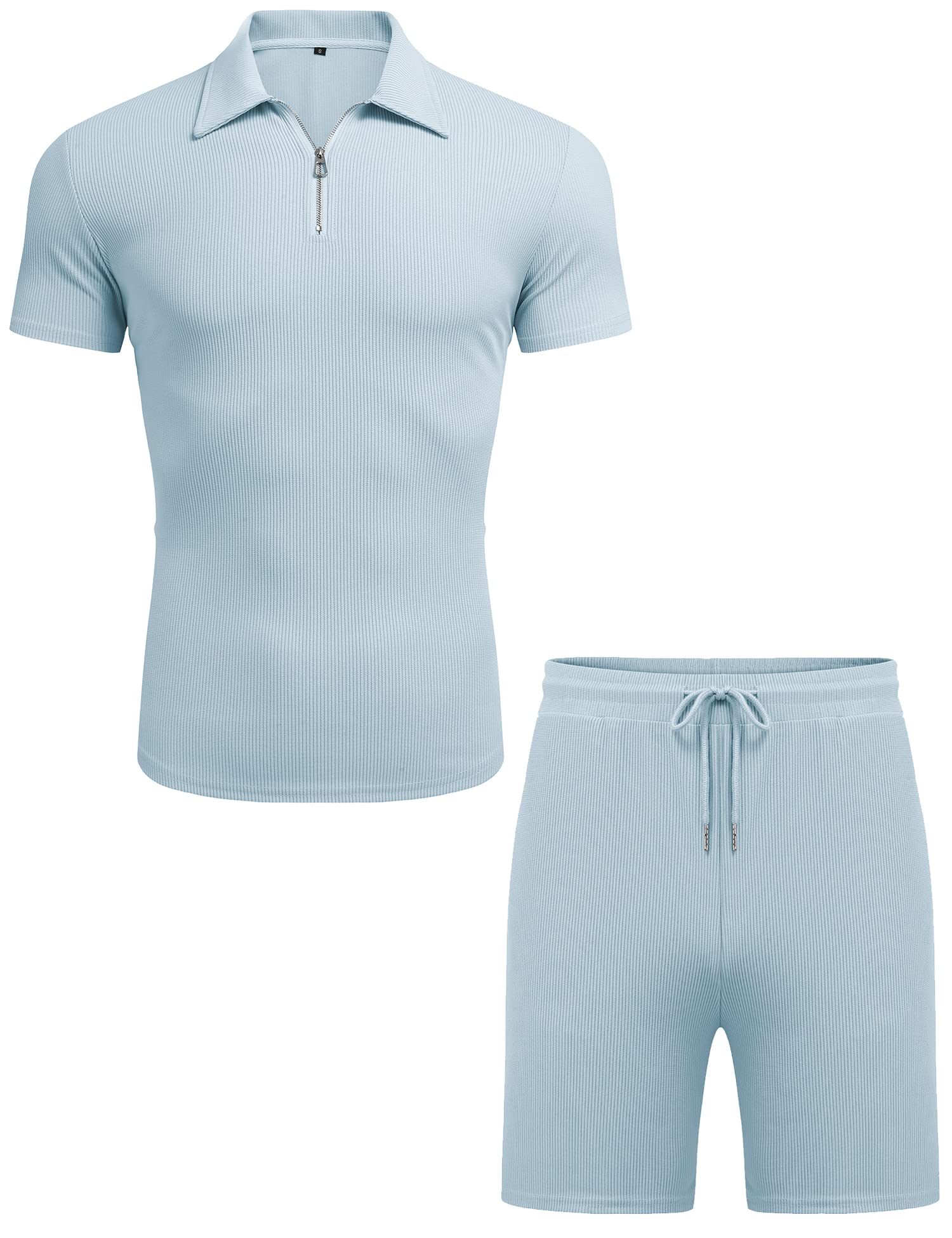 URRU Men's Polo Shirt and Shorts Set Summer Outfits Casual Short Sleeve Polo Suit for Men 2 Piece Shorts Tracksuit Set Light Blue L