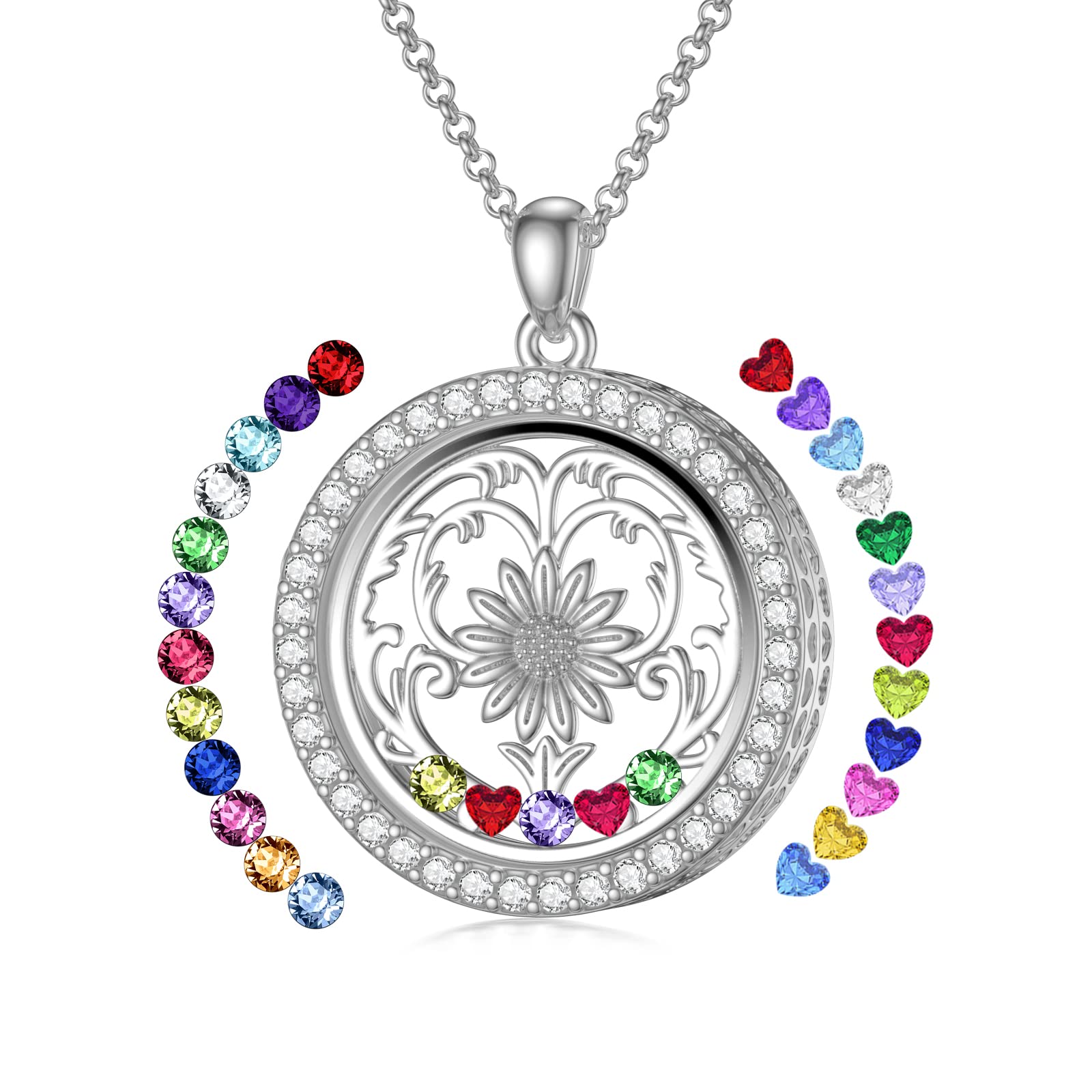 SOULMEET Round Sunflower Floating Locket Necklace That Holds Birthstones/Pictures/Hair Locket Living Flower DIY Floating Charm Memory Necklace for Women