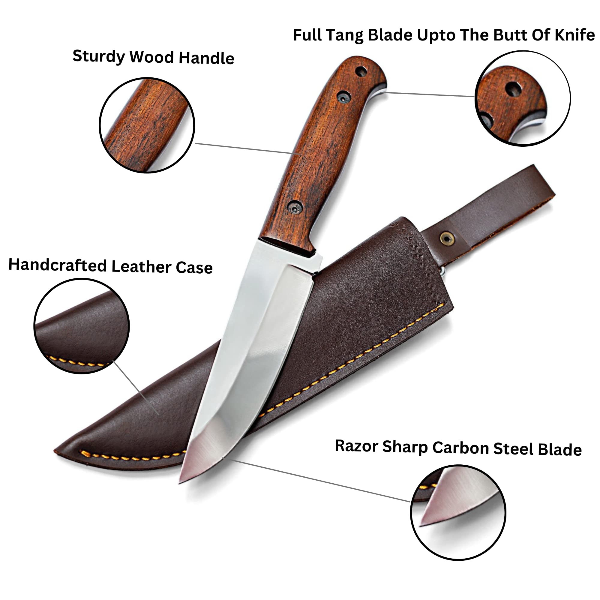 EJOY OUTDOORS Bushcraft knife With Leather Sheath | Fixed Blade Knife | Hunting Knife | Carbon Steel Knife for Men | Outdoor Knife With Wood Handle | 10 Inches Full Tang Survival Knife - Camping Knives | HUNT-08