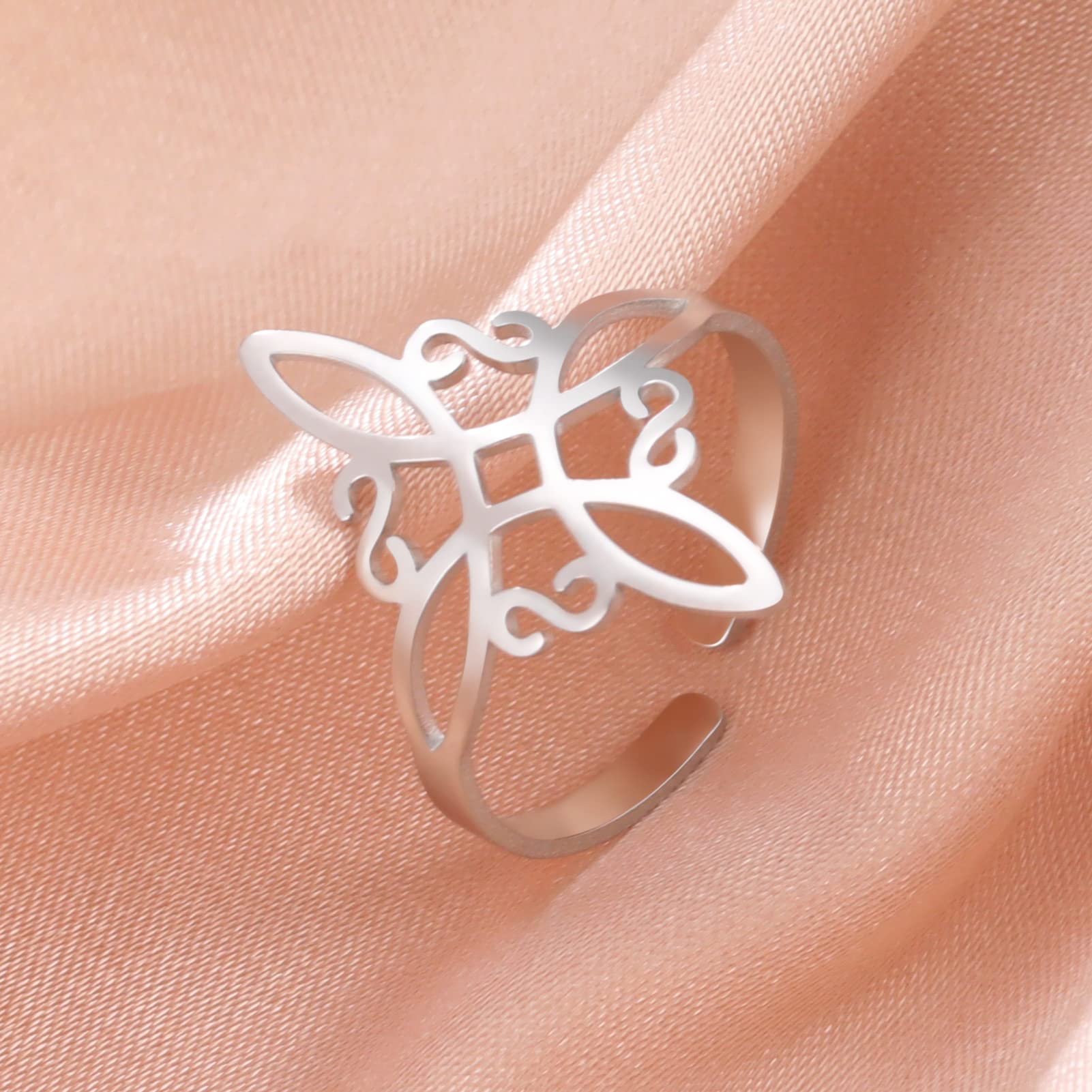 kkjoy Stainless Steel Witches Knot Ring Openworked Celtic Knot Adjustable Open Finger Rings Amulet Jewelry For Women