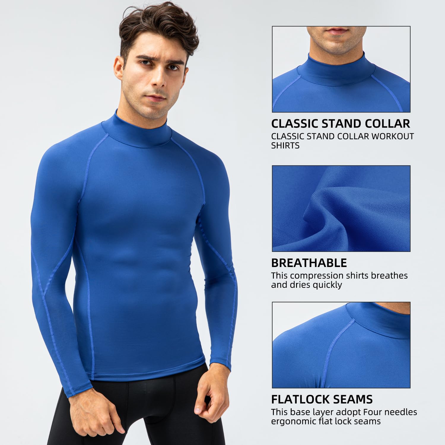 Yuerlian Men's Long Sleeve Compression Shirts Sports Rash Guard Base Layer Athletic Workout Shirt Gym Tops Undershirts Blue