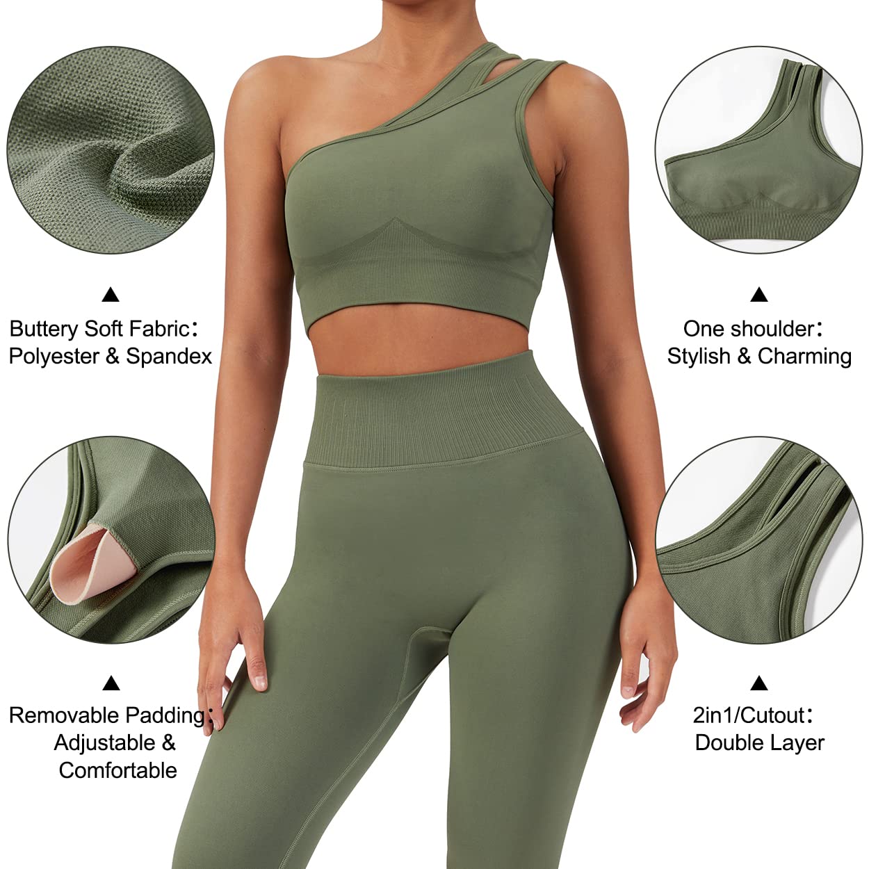 OMKAGI Workout Set for Women 2 Piece Seamless One Shoulder Sports Bra Scrunch Butt Lifting leggings Gym Outfits(M,Army Green)