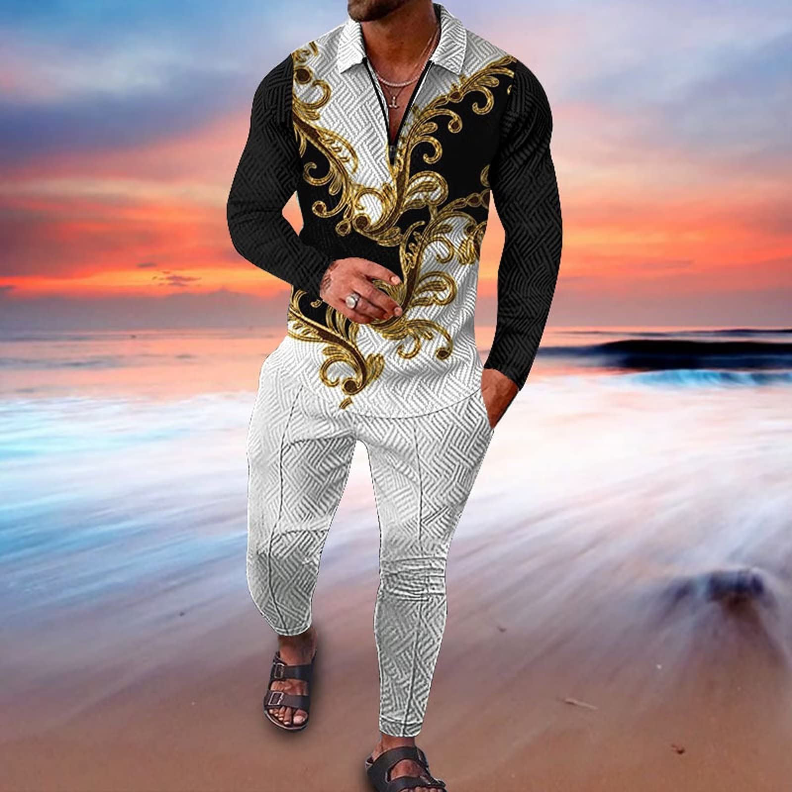 BURWOF Size XL White Black Color Block with Gold Paisley Men's Polo Sweatsuit Set Long Sleeve 2 Piece Outfit Fashion Jogging Track Suit Comfy Casual Set for Men