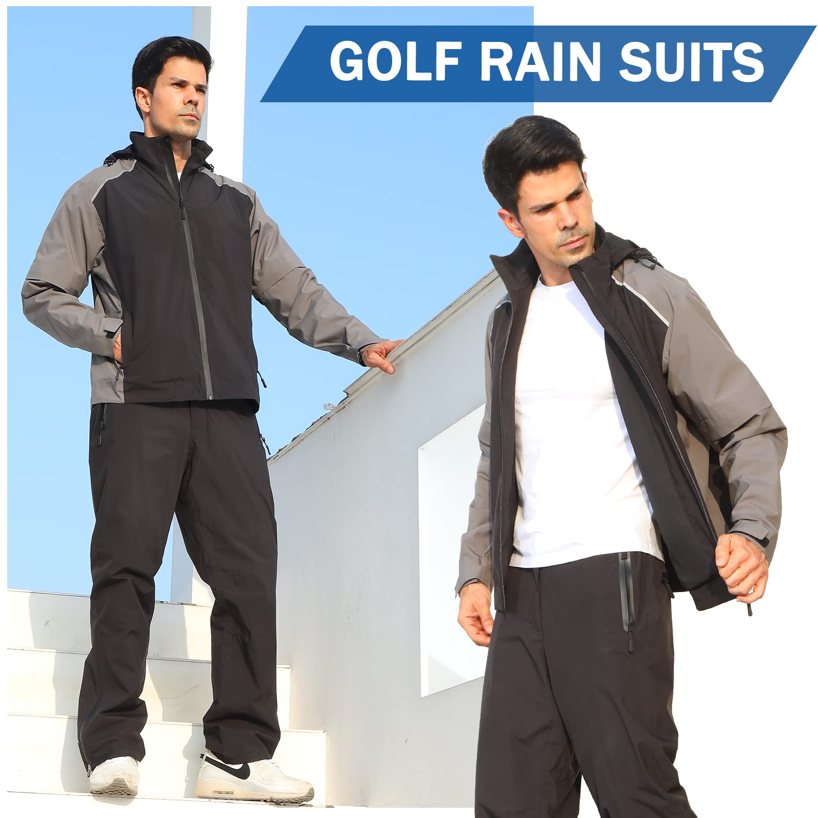 K.E.J. Mens Jacket Waterproof Golf Rain Suit Lightweight Rain Jackets and Pants for Hiking Cycling Running Fishing Hunting Travel