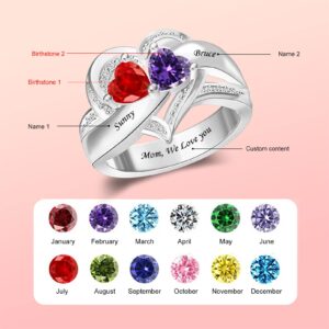 Personalised 2 Birthstones Ring for Women Mother Ring Promise Rings Couples Ring with 2 Names and Heart Birthstones Gifts for Wife Mom Girlfriend Christmas Customized Ring