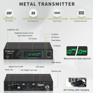 Phenyx Pro Wireless in-Ear Monitor System, Stereo IEM System with Rack Mount Kit, 89 Frequencies, 900MHz UHF Band, 164ft Range, Suitable for Stage & Studio (4 Bodypacks with Transmitter)