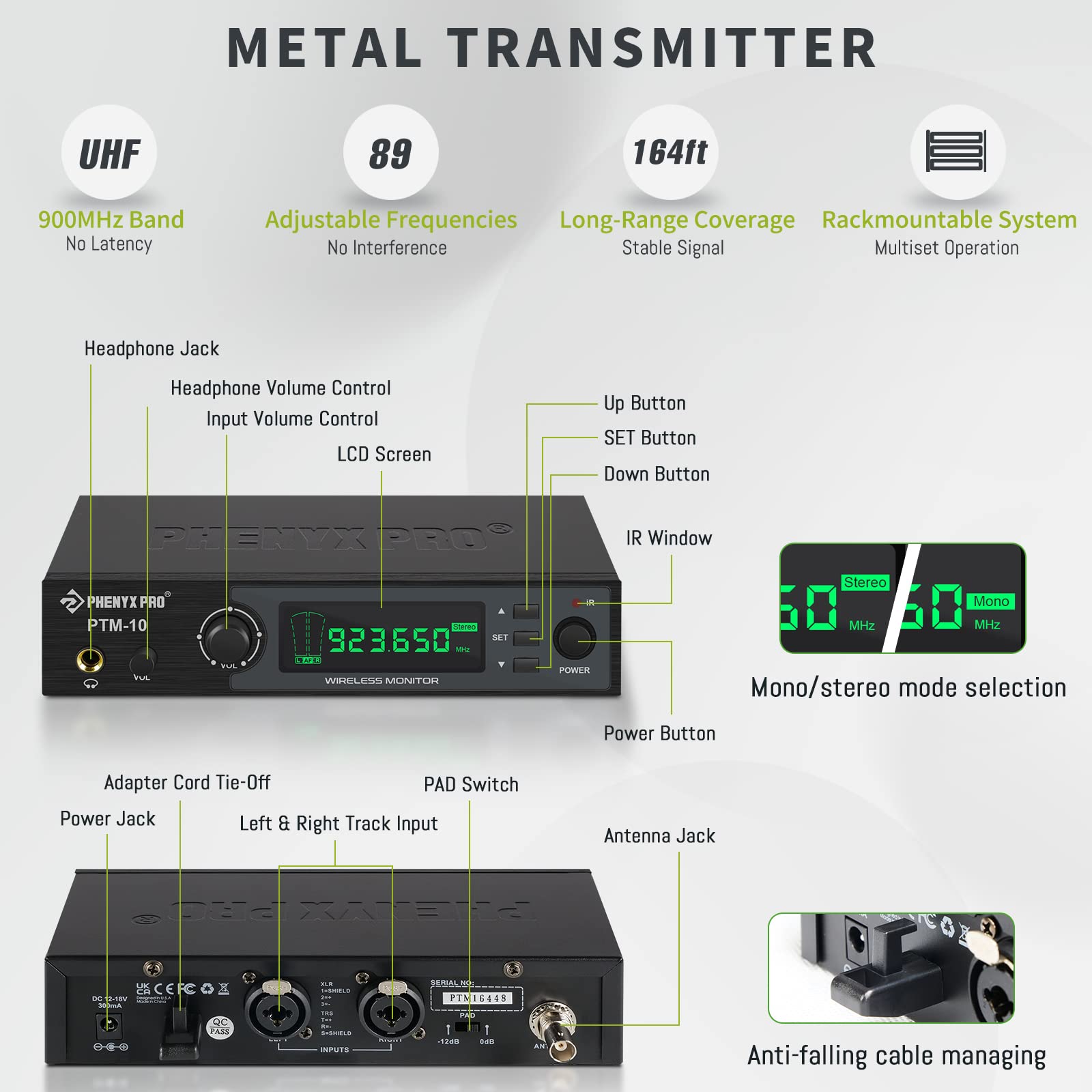 Phenyx Pro Wireless in-Ear Monitor System, Stereo IEM System with Rack Mount Kit, 89 Frequencies, 900MHz UHF Band, 164ft Range, Suitable for Stage & Studio (4 Bodypacks with Transmitter)