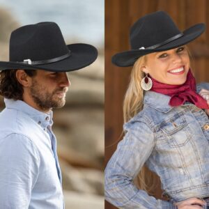 Classic Black Western Felt Roll Up Brim Cowboy and Cowgirl Hat for Women and Men - Decoration with Western Belt Bukle