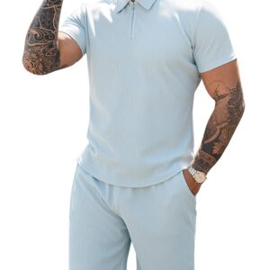 URRU Men's Polo Shirt and Shorts Set Summer Outfits Casual Short Sleeve Polo Suit for Men 2 Piece Shorts Tracksuit Set Light Blue L