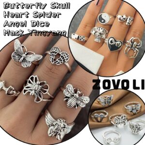 ZOVOLI 42-45PCS Vintage Sliver Goth Punk Rings Set for Women Men Cool Gothic Ring Pack Y2K Open Chunky Knuckle Emo Rings Skull Snake Flower Butterfly Trendy Stackable Rings for Gift (45PCS)