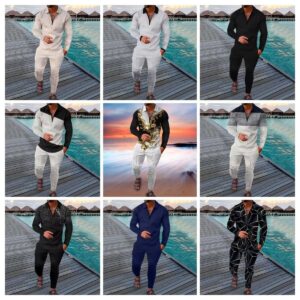 BURWOF Size XL White Black Color Block with Gold Paisley Men's Polo Sweatsuit Set Long Sleeve 2 Piece Outfit Fashion Jogging Track Suit Comfy Casual Set for Men