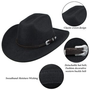 Classic Black Western Felt Roll Up Brim Cowboy and Cowgirl Hat for Women and Men - Decoration with Western Belt Bukle