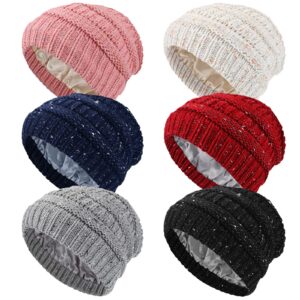 6 Pieces Winter Knitted Satin Lined Beanie Hats for Women Satin Lined Cable Thick Chunky Cap Slouchy Cable Beanie Silky Soft Washed Warm Hat