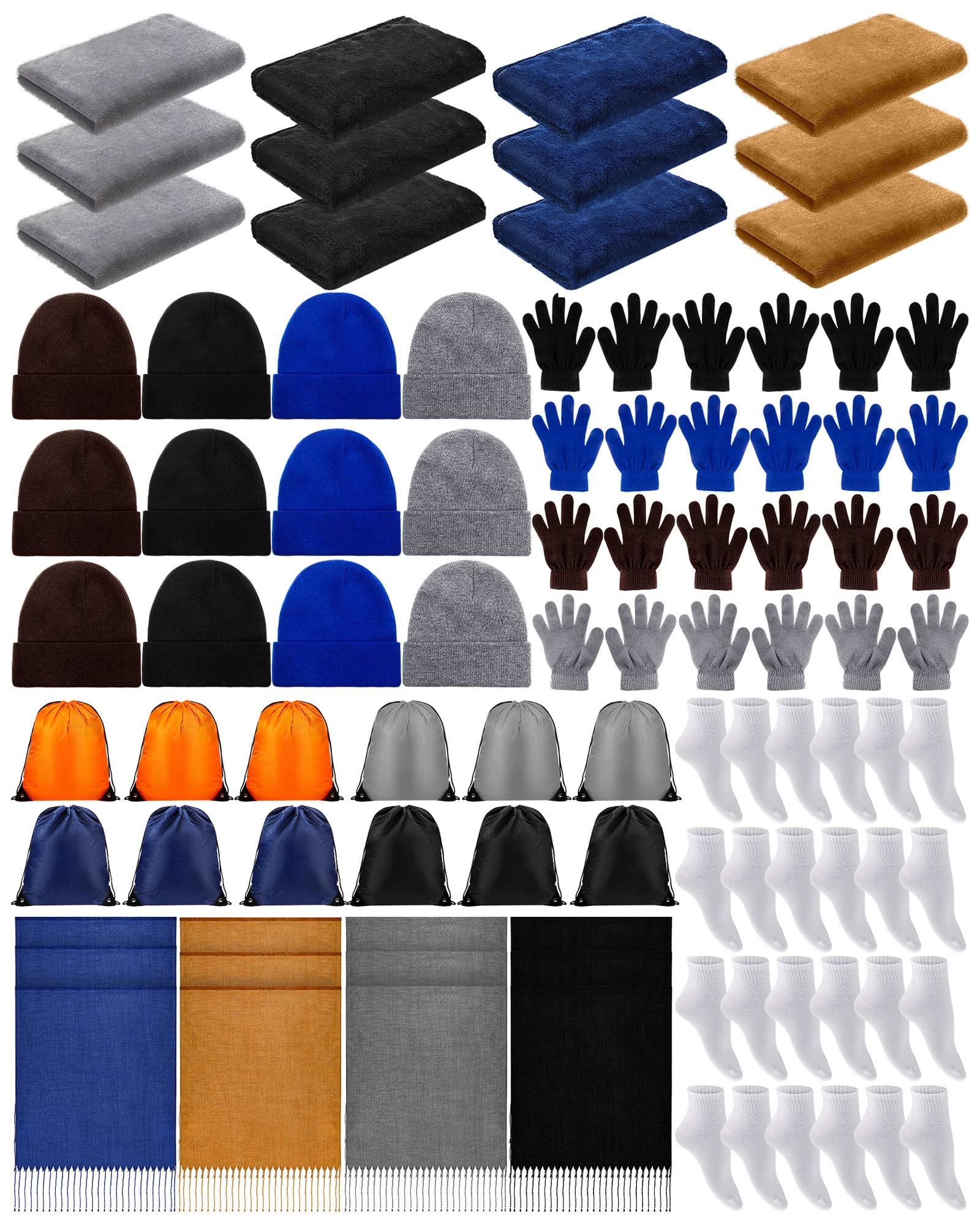 Jecery 72 Pieces Homeless Care Package Supplies Winter Coral Fleece Blanket Gloves Socks Beanies Scarves and Drawstring Bags Bulk for Winter Homeless Care