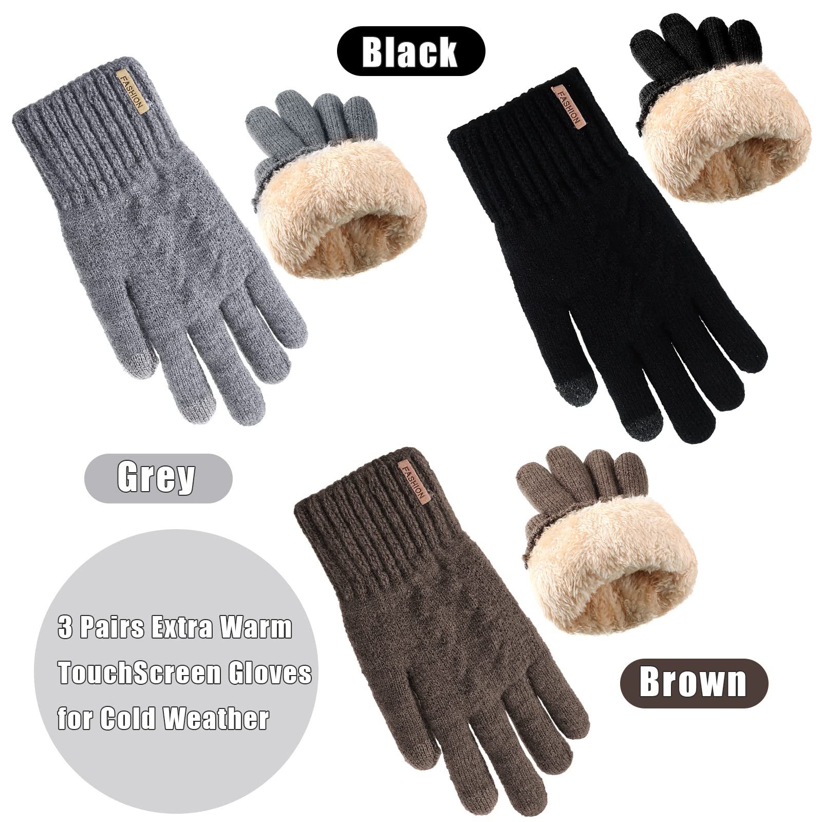 Janmercy 3 Pairs Winter Fleece Lined Gloves for Women Thick Warm Lining Touch Screen Thermal Gloves for Cold Weather Work(Black, Light Gray, Coffee)